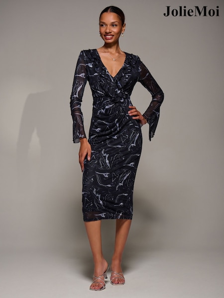 Negro - Jolie Moi Ruffle V-Neckline Mesh Bodycon Midaxi Dress (V37017) | 102 €