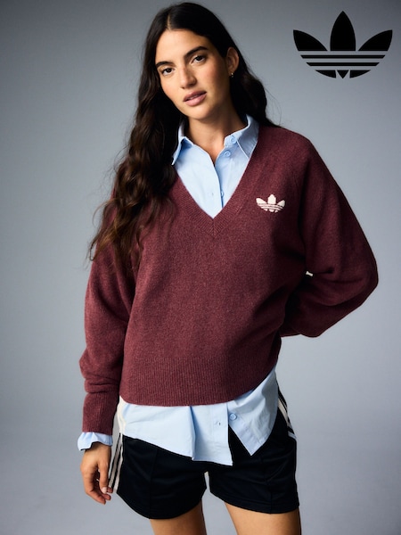 Roșu vișiniu - Adidas Originals Essential Knit V-neck Jumper