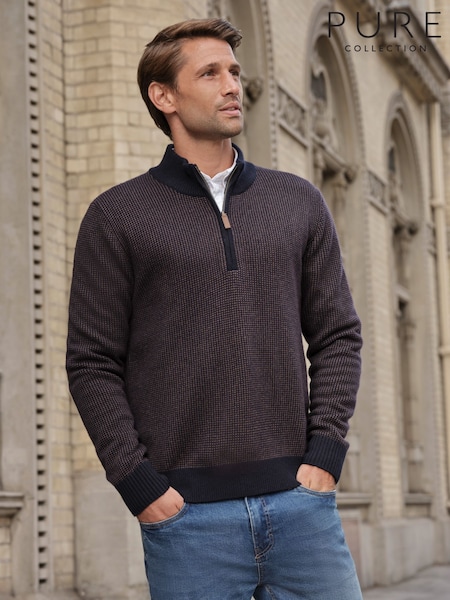 Pure Collection Blue Birdseye Half Zip Neck Jumper (V39144) | €199