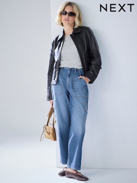 Mid Blue - Lightweight Denim Utility Wide Crop Jeans