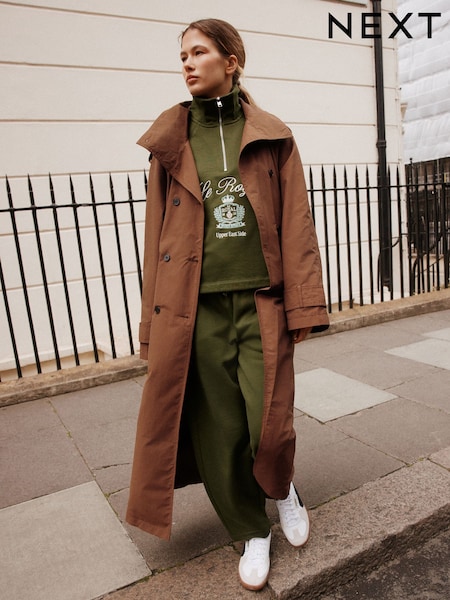 Tan Brown - Shower Resistant Funnel Neck Trench Coat