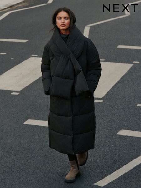 Charcoal Grey - Shower Resistant Longline Padded Puffer Coat With Detachable Scarf