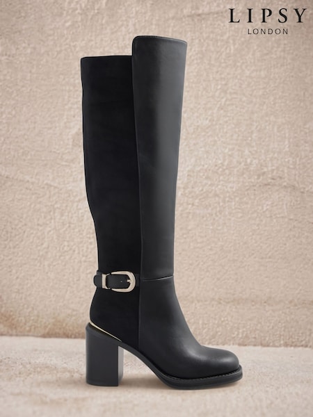 Black - Lipsy Faux Leather & Suede Buckle Knee High Block Heeled Boots
