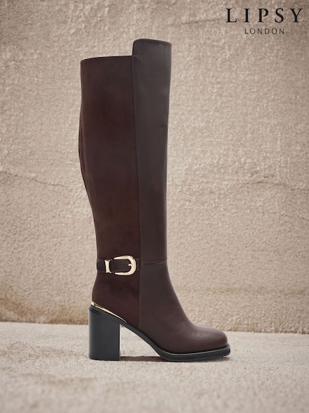Chocolate Brown - Lipsy Faux Leather & Suede Buckle Knee High Block Heeled Boots
