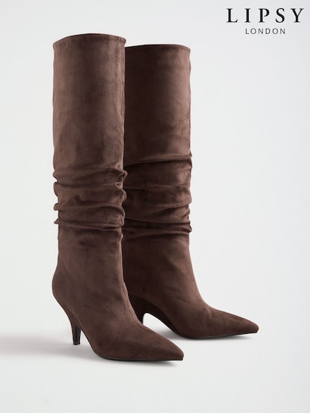 Chocolate Brown - Lipsy Faux Suede High Heel Ruched Knee High Smart Boots