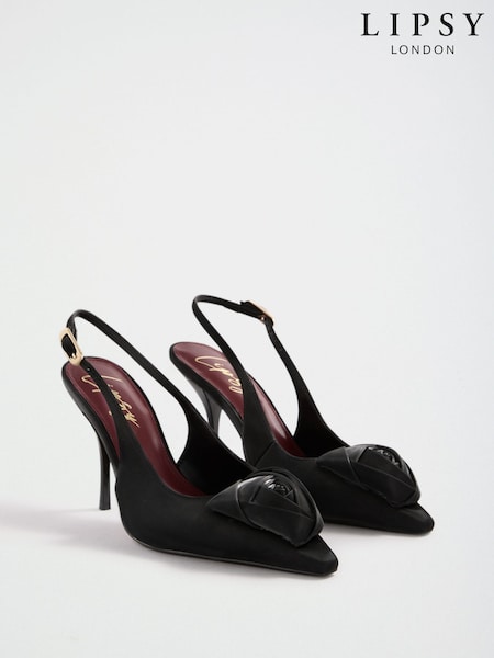 블랙 - Lipsy Wide Fit Satin Finish Corsage High Stiletto Heel Slingback Court Shoes