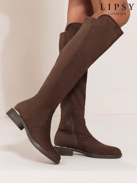 Chocolate Brown - Elasticated Flat Knee High Casual Riding Boots