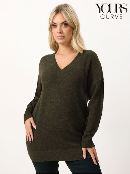 Yours Curve Brown V-Neck Soft Touch Jumper (V39854) | $55