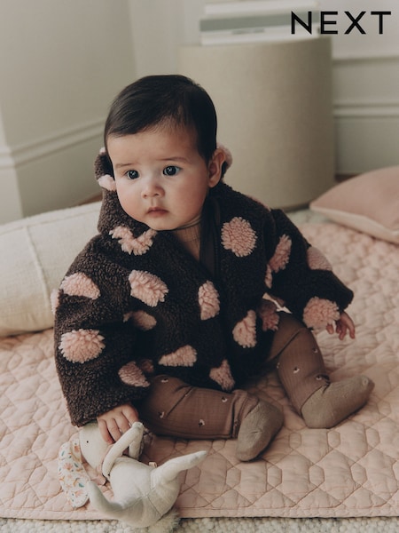 Brown and Pink Borg Spot - Hooded Baby Jacket (0mths-2yrs)