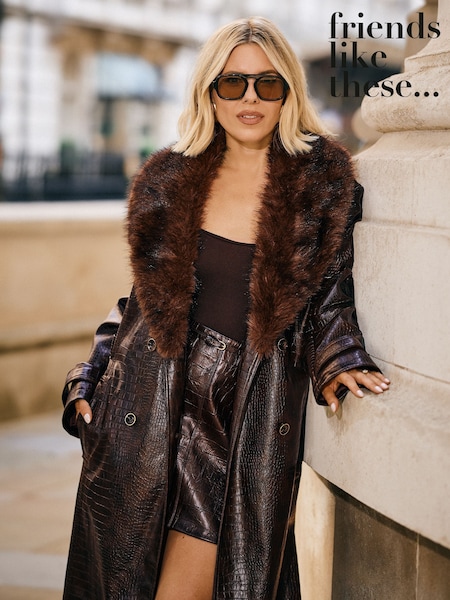Chocolate Brown - Friends Like These Ultimate Faux Croc Leather Trench Coat With Fur Trim