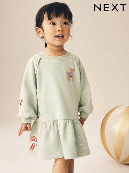 Blue Christmas Reindeer Applique - Long Sleeve Sweat Dress (3mths-7yrs)