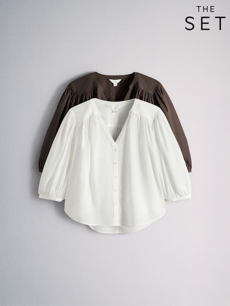 白色/巧克力棕色 - The Set 2 Pack V-neck Button Through Blouse