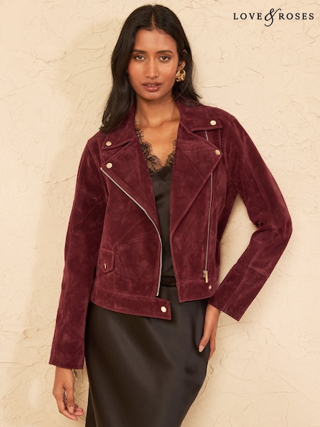 Berry Red - Love & Roses Suedette Zip Biker Jacket