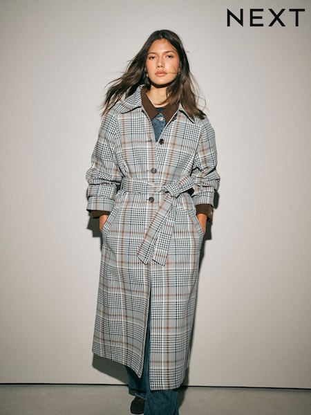Kariert, Neutral - Belted Midi Trench Coat