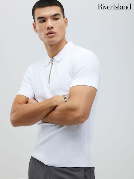 River Island White Muscle Fit Knitted Rib Polo Shirt (V40797) | EGP2,112