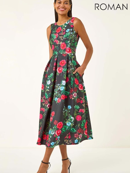 Roman Black Floral Print Premium Stretch Midi Dress (V40906) | R$ 845