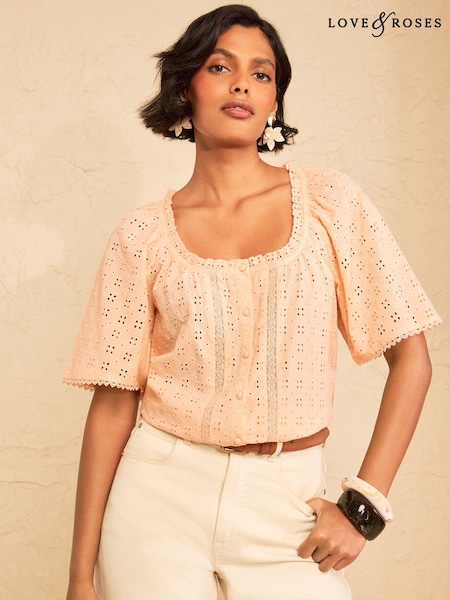 Peach Pink - Love & Roses Broderie Scoop Neck Blouse