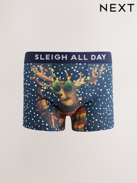 Blue Reindeer - Regular Novelty Christmas Cotton Rich Boxers