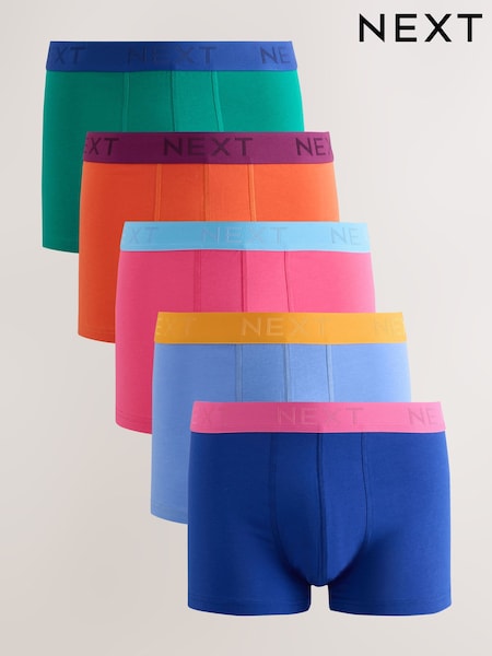 Red/Blue/Green Contrast Waistband - Regular Hipster Cotton Rich Trunks 5 Pack