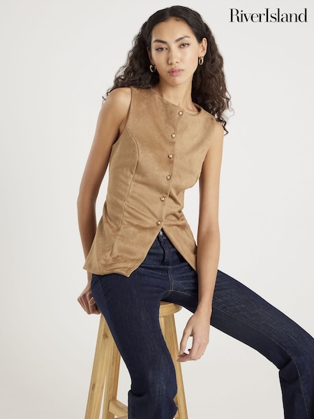 River Island Tan Sleeveless Suedette Waistcoat (V42136) | ‏227 د.إ.‏