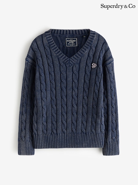 Navy - Superdry V-neck Cable Knit Jumper