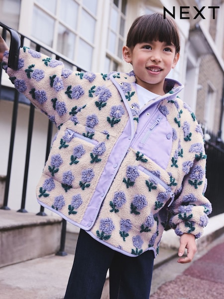 Blue/Cream Floral - Button Up Borg Jacket (3-16yrs)