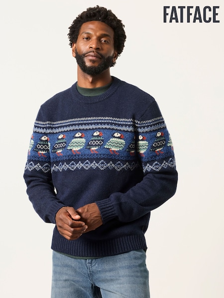 marine - Regular Fatface Puffin Crew Neck Knitted Jumper