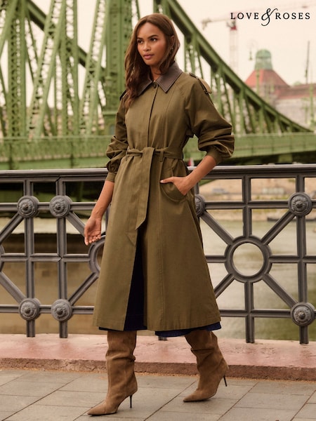 Khaki Green - Love & Roses Blouson Sleeve Pu Collar Trench Coat