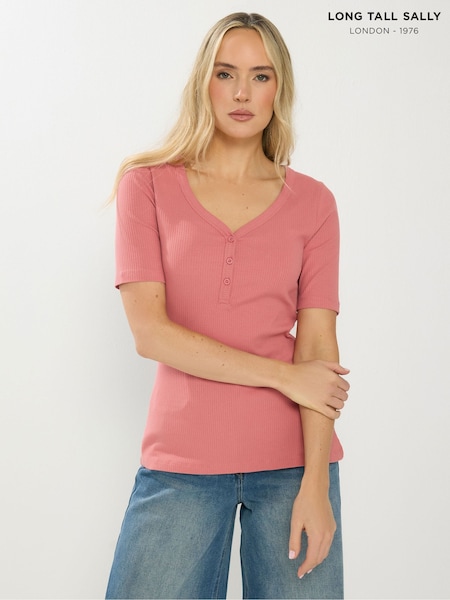 Long Tall Sally Pink Short Sleeve Ribbed Henley T-Shirt (V44955) | R$ 195