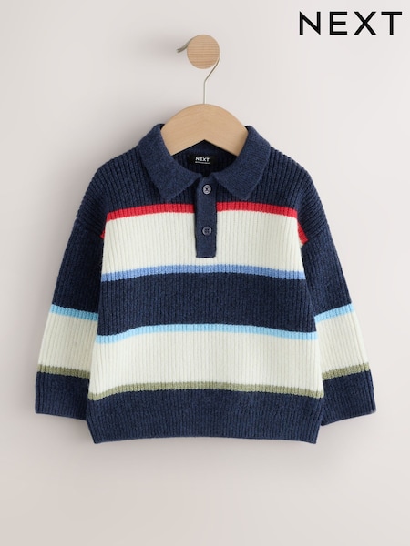 Blue/White - Knitted Stripe Rugby Polo Shirt (3mths-7yrs)