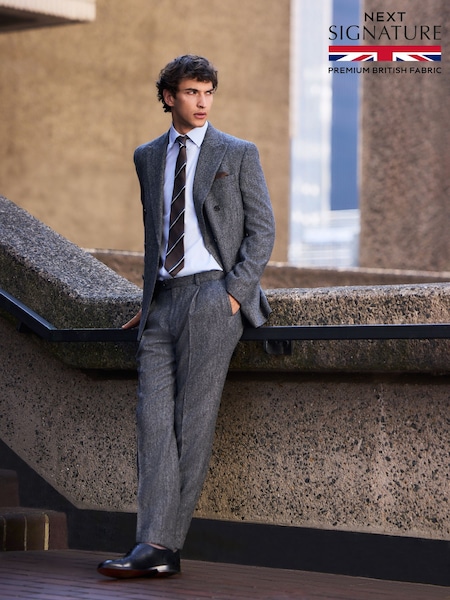 Charcoal Grey - Regular Signature Tailored Fit Moons British Wool Rich Herringbone Suit Trousers