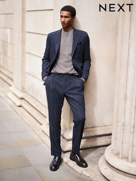 海军 - Regular Tailored Fit Stripe With Wool Suit Trousers