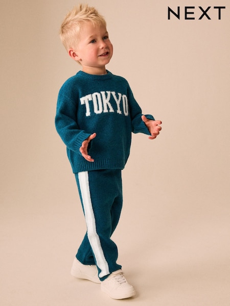 أزرق على أخضر بطبعة "Tokyo" - Knitted Crew Neck Jumper And Joggers Set (3mths-7yrs)