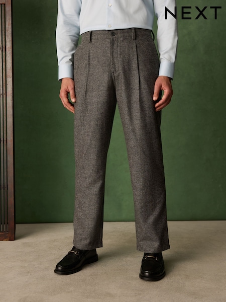 Brown - Regular Relaxed Fit With Wool Textured Suit Trousers