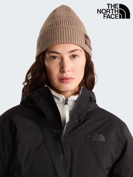 Brown - The North Face Logo Box Cuffed Beanie