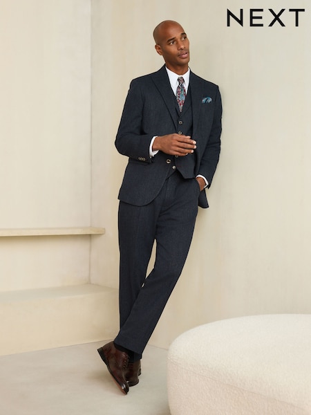 海军 - Regular Regular Fit Nova Fides Italian Wool Blend Trimmed Textured Suit Jacket