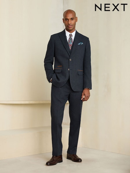 Navy - Regular Regular Fit Nova Fides Italian Wool Blend Trimmed Textured Suit Trousers