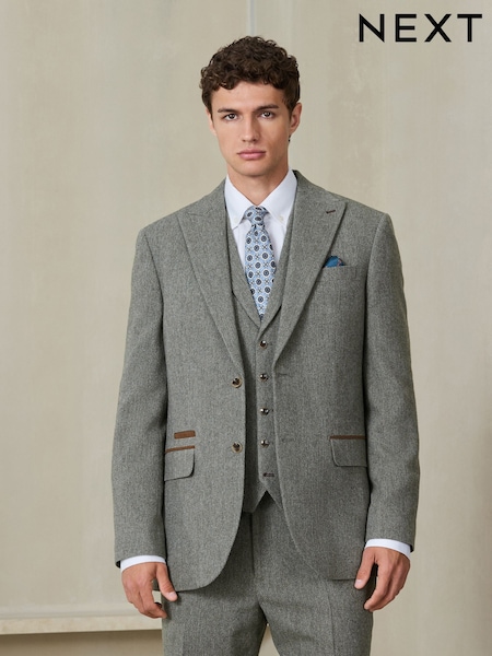 Sage Green - Regular Regular Fit Nova Fides Italian Wool Blend Trimmed Textured Suit Jacket