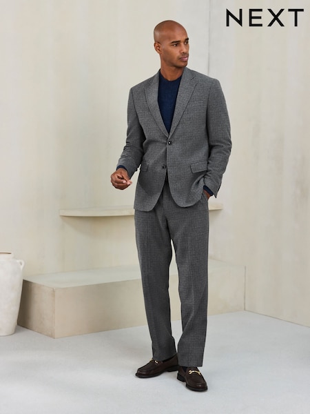 Grey - Regular Regular Fit Wool Blend Textured Check Suit Trousers