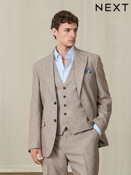 Stone - Regular Tailored Fit Nova Fides Italian Wool Blend Textured Herringbone Suit Jacket