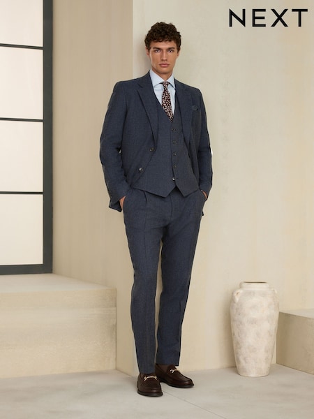 海军 - Slim Fit Wool Blend Flannel Suit Jacket