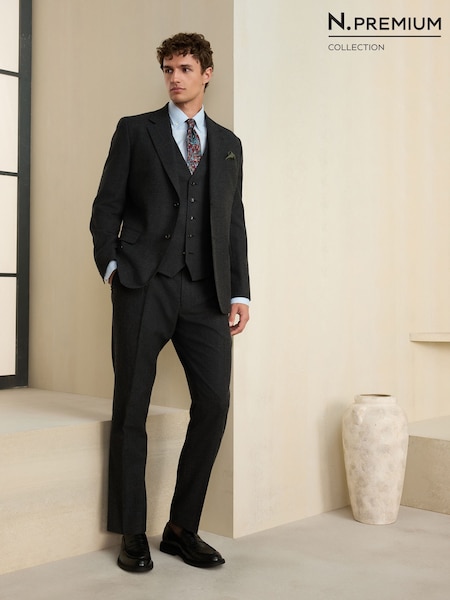 Charcoal Grey - Slim Fit Wool Blend Flannel Suit Jacket