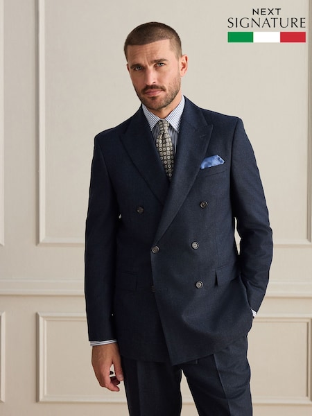 Navy - Regular Signature Double Breasted Tailored Fit Zignone Wool Cashmere Check Flannel Suit Jacket