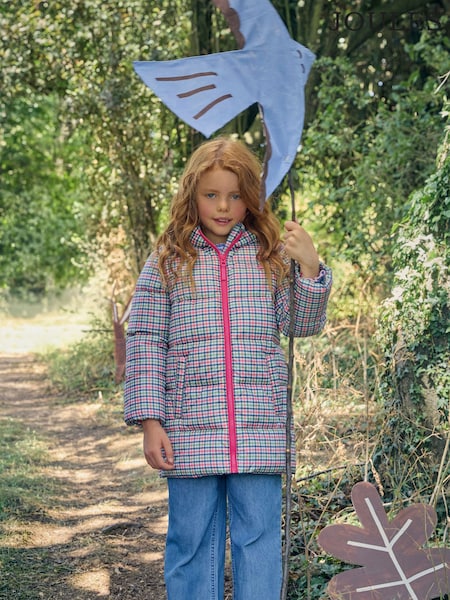 Pink Check - Joules Girls' Long Cairn Showerproof Padded Coat