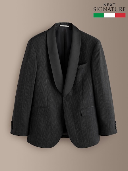 Black - Regular Signature Tailored Fit Marzotto Italian Wool Double Breasted Patterned Tuxedo Suit Jacket