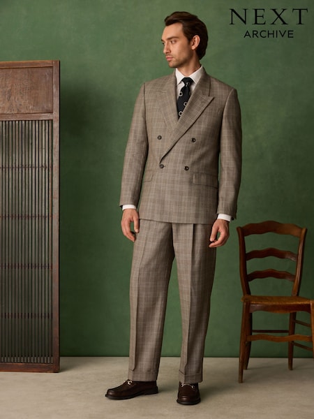 Taupe - Regular Double Breasted Relaxed Fit Archive Wool Blend Check Suit Jacket
