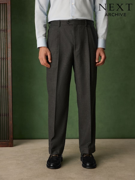 Grey - Regular Relaxed Fit Archive Wool Blend Flannel Suit Trousers