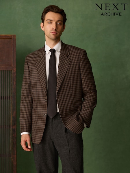 Brown - Regular Relaxed Fit Archive Wool Blend Gingham Suit Jacket