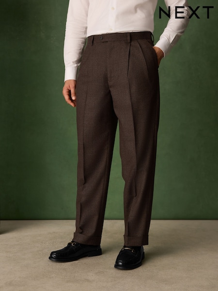 Rust Brown - Regular Relaxed Fit Archive Wool Blend Dogtooth Suit Trousers