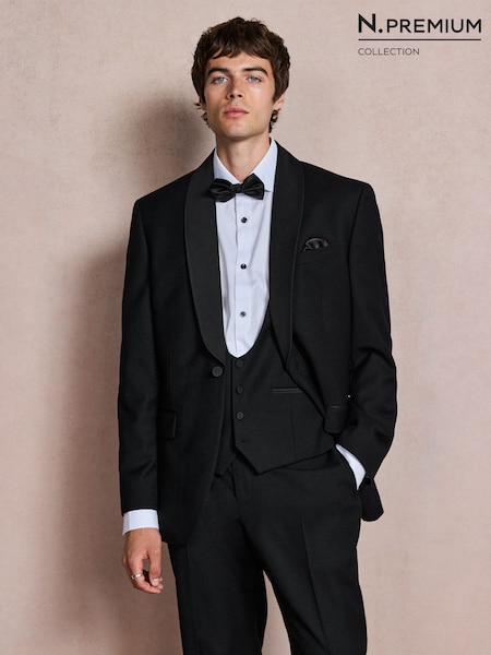 Black - Regular N. Premium Regular Fit Tuxedo Wool Blend Crepe Textured Shawl Suit Jacket